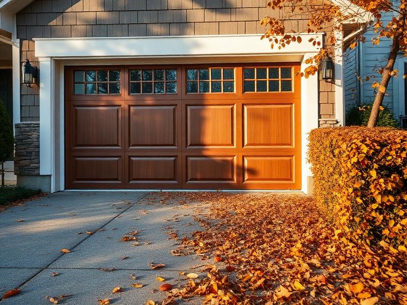 Garage door with autumn leaves showing fall maintenance preparation