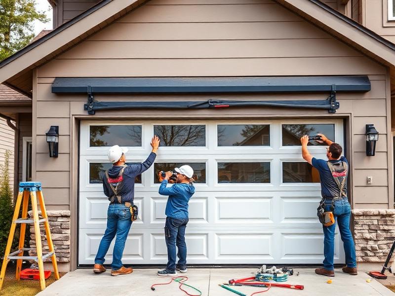 Professional contractors installing new garage door on residential home