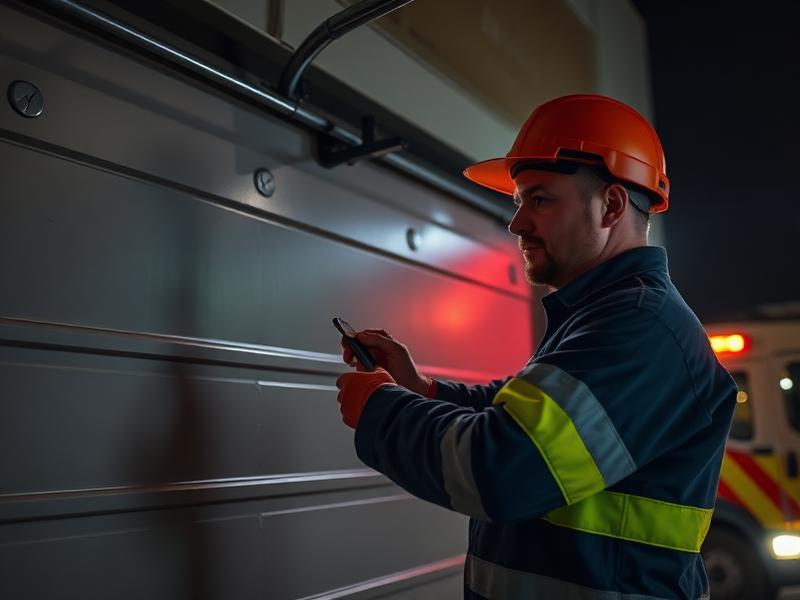 Garage door technician performing emergency repair service at night