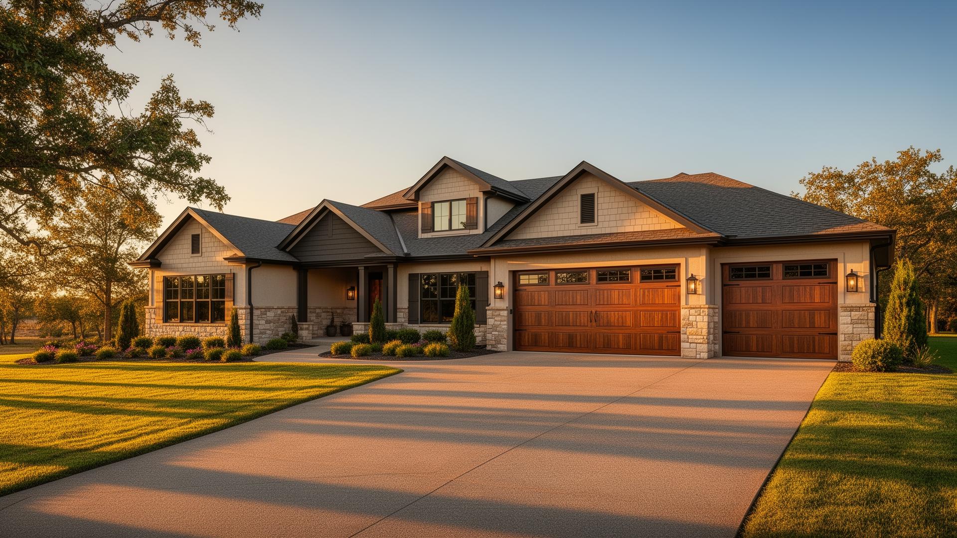 Premium insulated steel garage doors with wood overlay on ranch style home